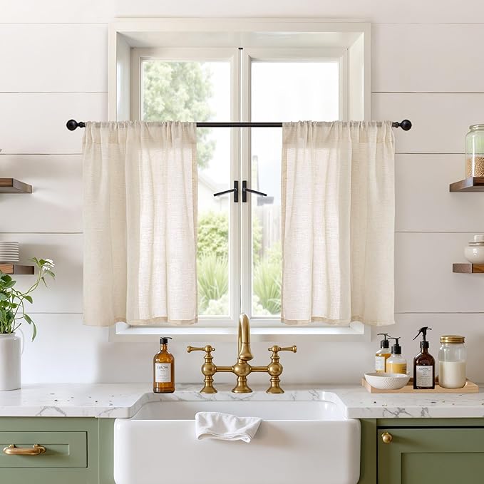 BGment Natutal Linen Cafe Curtains 30 Inch Length, Farmhouse Kitchen Window Drapes Semi Sheer with Rod Pocket Lightweight Textured for Bathroom Over Sink Decor, 2 Panels Set, 30 Inch Wide