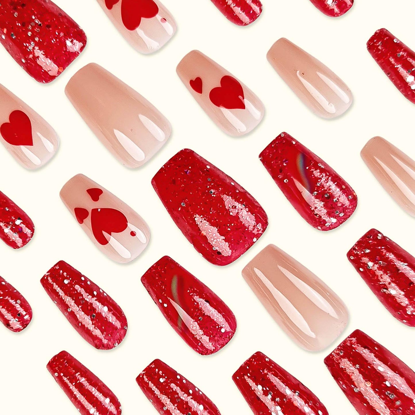 RUOKEXIN Medium Press on Nails Coffin Fake Nails Red Glitter False Nails with Heart Designs Rainbow Ombre Glue on Nails Sparkly Artificial Nails Cute Stick on Nails for Women 24Pcs