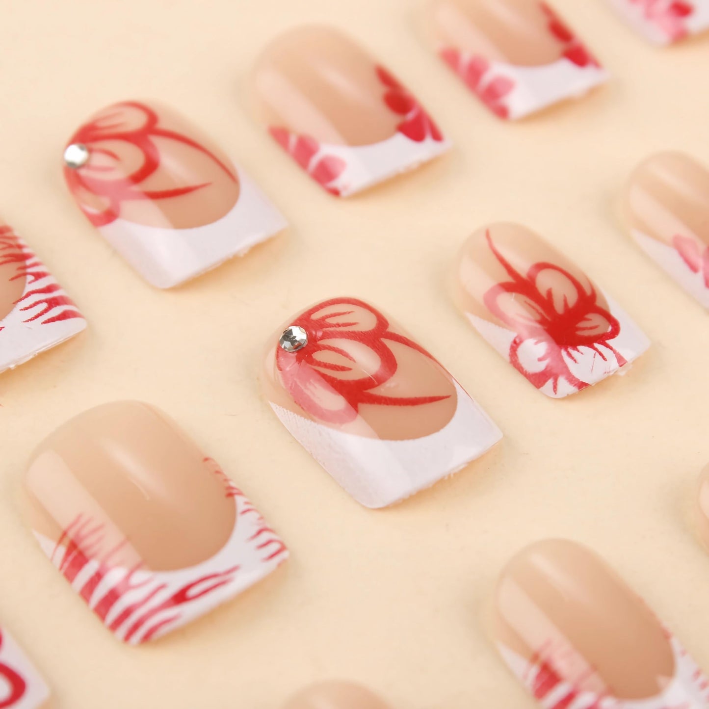 BABALAL Press on Nails Short Square Fake Nails White French Tip Glue on Nails Red Flower Acrylic Nails Glossy False Nails Art Design 24pcs Squoval Manicure Full Cover Artificial Nails for Women Girls