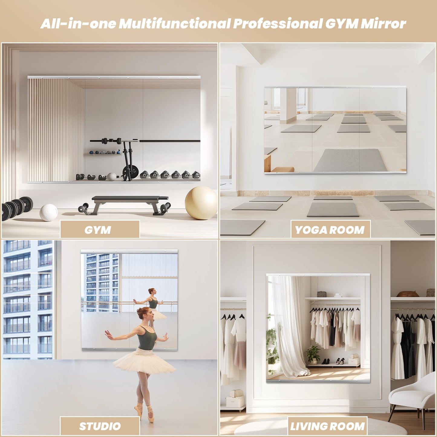 Snowdool Home Gym Mirror, 48''X24''(Each) -3PCS Full Body Mirror for Yoga, Garage, Dance Studio, Anti-Rust, Tempered Glass,Frameless Mirrors, Wall-Mounted Large Workout Mirrors