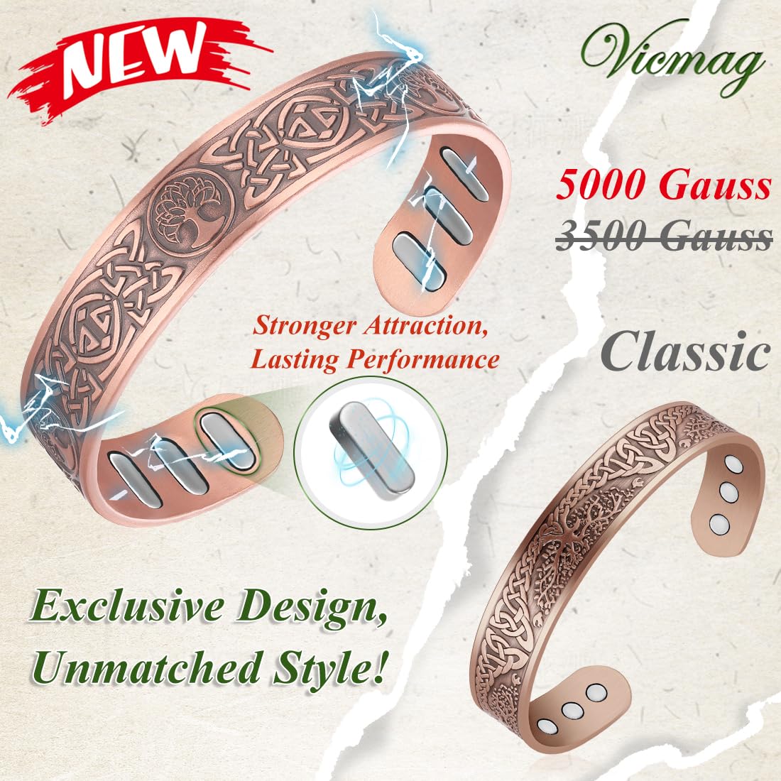 Vicmag Copper Bracelet for Men 9X Strength Magnetic 99% Pure Copper with 5000 Gauss Magnets, Tree of Life Present Box Adjustable(Celtic Tree)