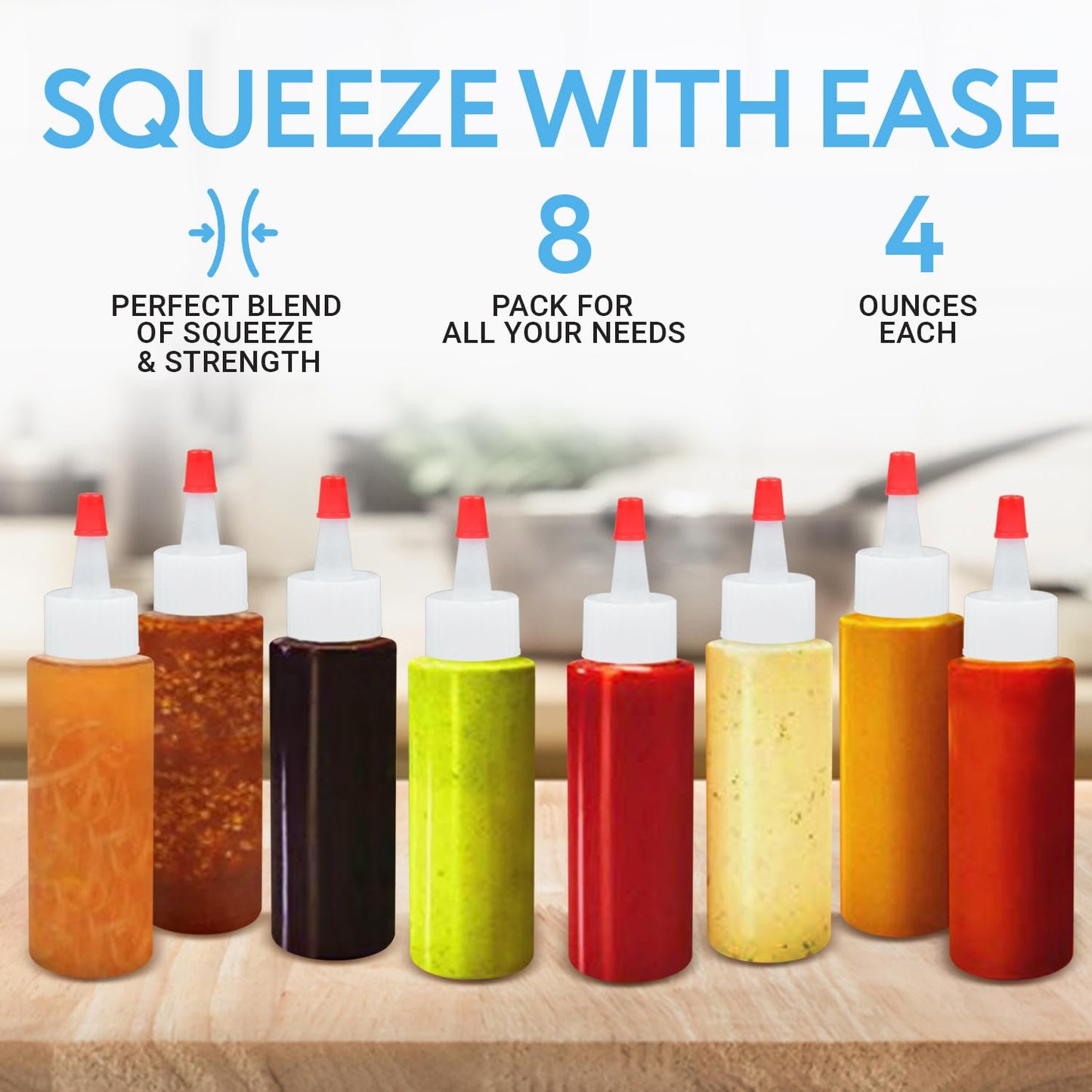 IMPRESA Plastic Squeeze Bottles - 4 Oz, Pack of 8, Clear - Mini Squeeze Bottles for Sauces, Condiments, Dressings, Camping & Travel - Cookie Decorating Supplies - Pancake Art Kit