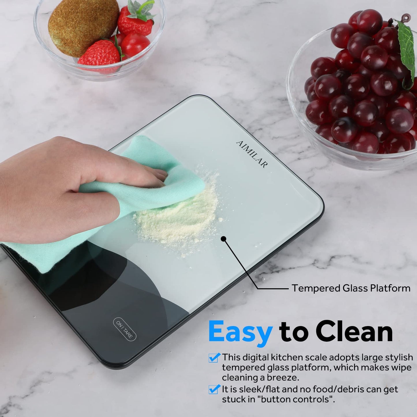 AIMILAR Digital Kitchen Scale 22lb/10kg USB-C Rechargeable, Tempered Glass Top Easy Clean, LED Touch Screen No Buttons, Auto Shut Off