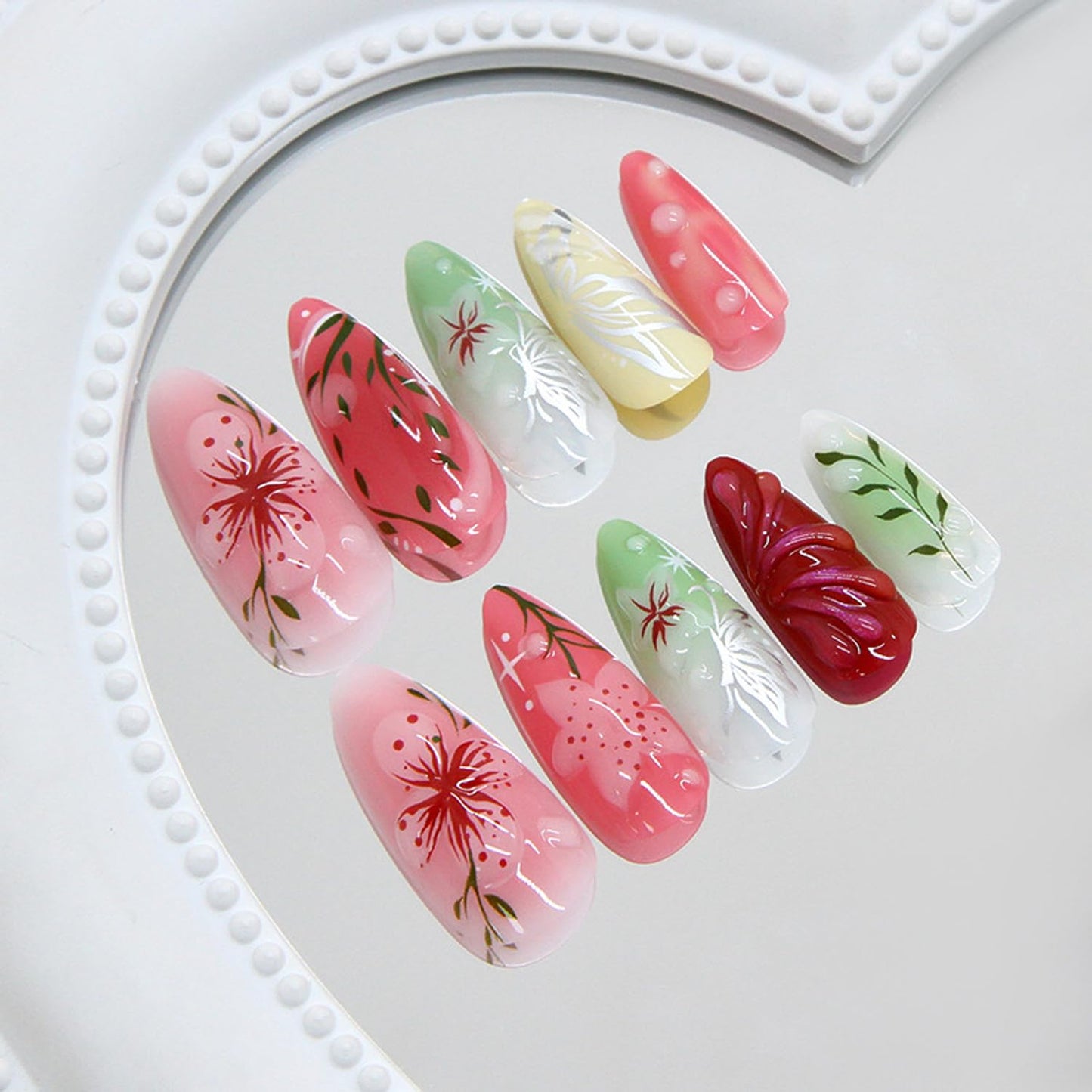 24pcs Colorful Flowers Press on Nails Medium Almond Fake Nails Art Summer False Nails with Flower Butterfly Design Almond Nails Glossy Full Cover Acrylic Artificial Nail Fingernails for Women