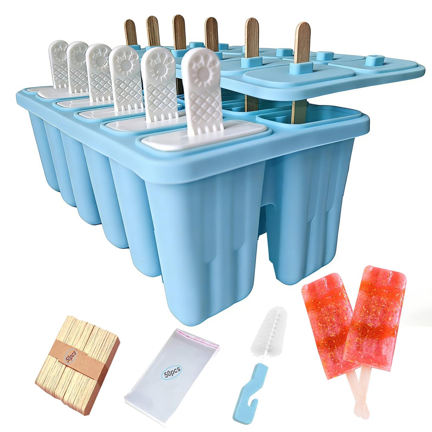 Silicone Popsicle Molds with Sticks Wpunwen 12 Cavity Ice Popsicle MoldsIce Cream Mold with Clean Brush 12 Reusable Sticks 50 Sticks 50 Bags Blue