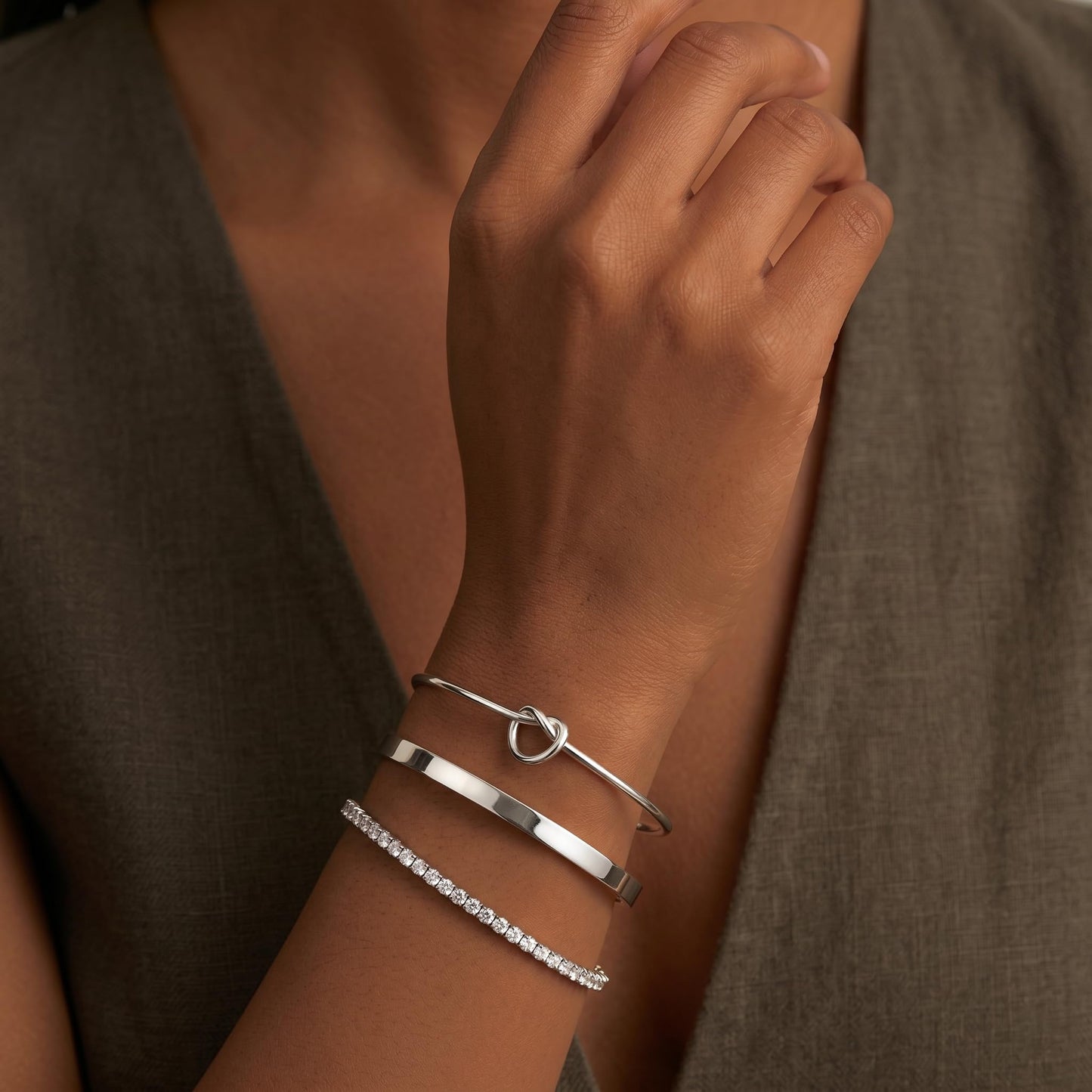 Poxtex Silver Cuff Bracelets Set for Women, 3 Pcs Stackable Open Bangles, Cubic Zirconia Tennis, Stardust Thin Polished Band, Non Tarnish Stainless Steel Jewelry Gifts