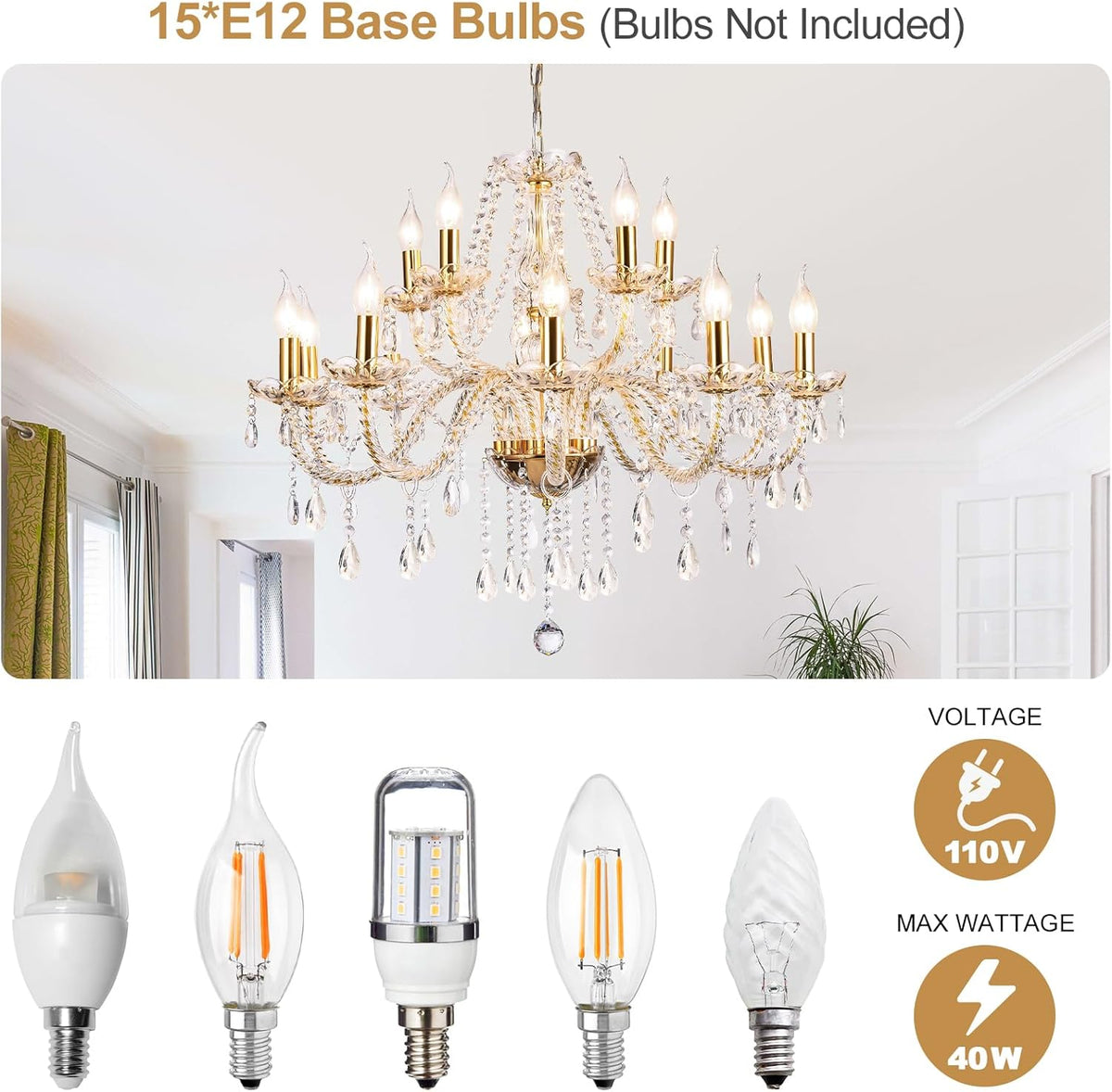 Modern Elegant 15 Lights K9 Crystal Glass Chandelier Golden Pendant Ceiling Lighting European Style for Dining Living Room Bedroom Transparent,15 E12 Bulbs Required