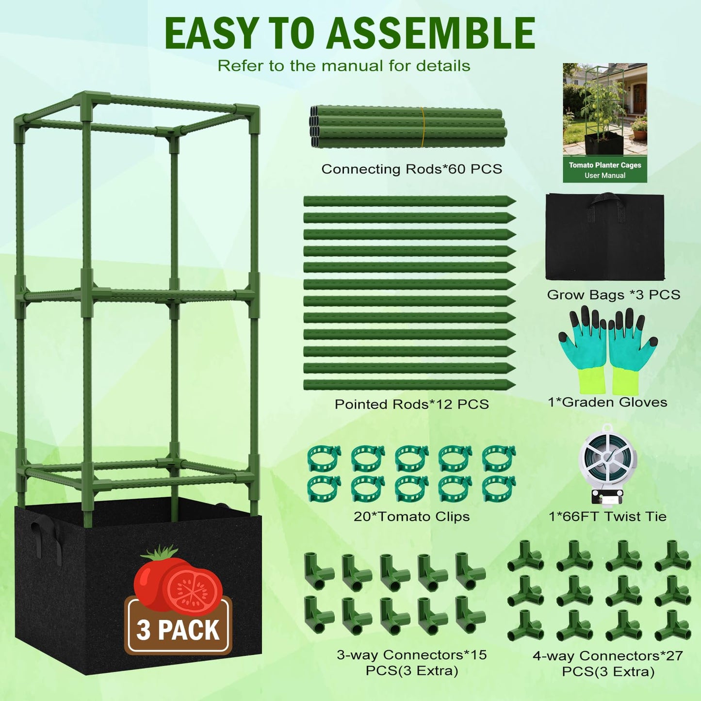 Uyittour 3 Pack Square Tomato Cages with Grow Bags, 45" Heavy Duty Square Tomato Trellis Plant Support for Raised Garden Bed Climbing Vegetables, Set with Garden Gloves, 20 Clips & 65FT Tie Wire