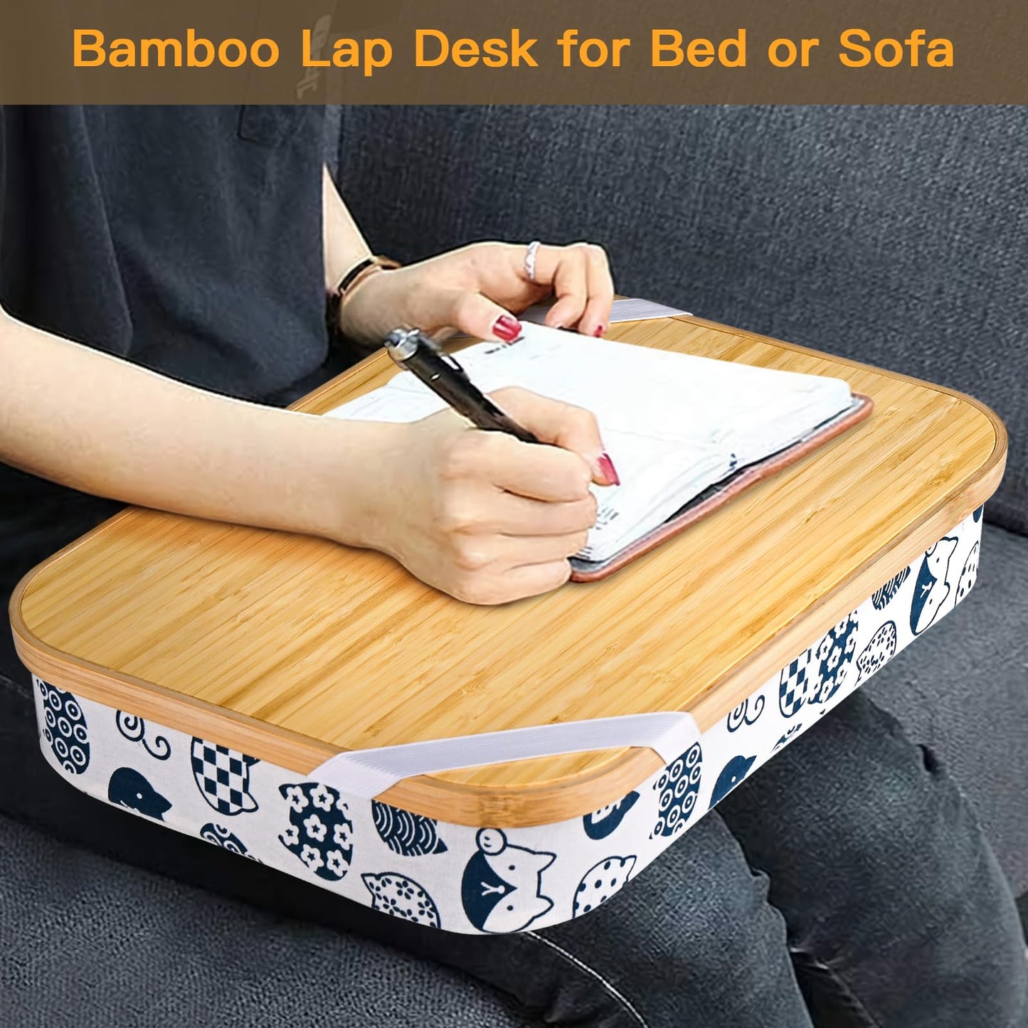 Mayjoy Bamboo Lap Desk with Storage, Cover Removable Lap Desk for Lap, Computer Laptop Stand on Lap, Work on Bed or Couch, Write or Draw on Your Lap (White Kitten)