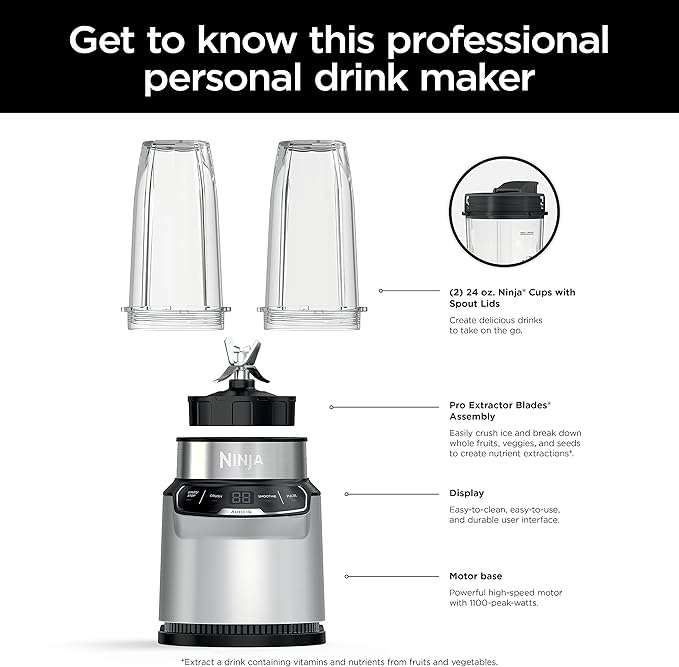 Ninja (BN401) Nutri Pro with Auto-iQ, 1100-Peak-Watt, Personal Blender, Cloud Silver (Renewed)