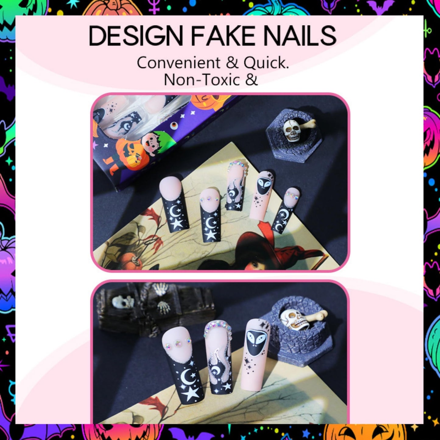 Halloween Press on Nails Extra Long Square Black French Stick on Nail 24pcs