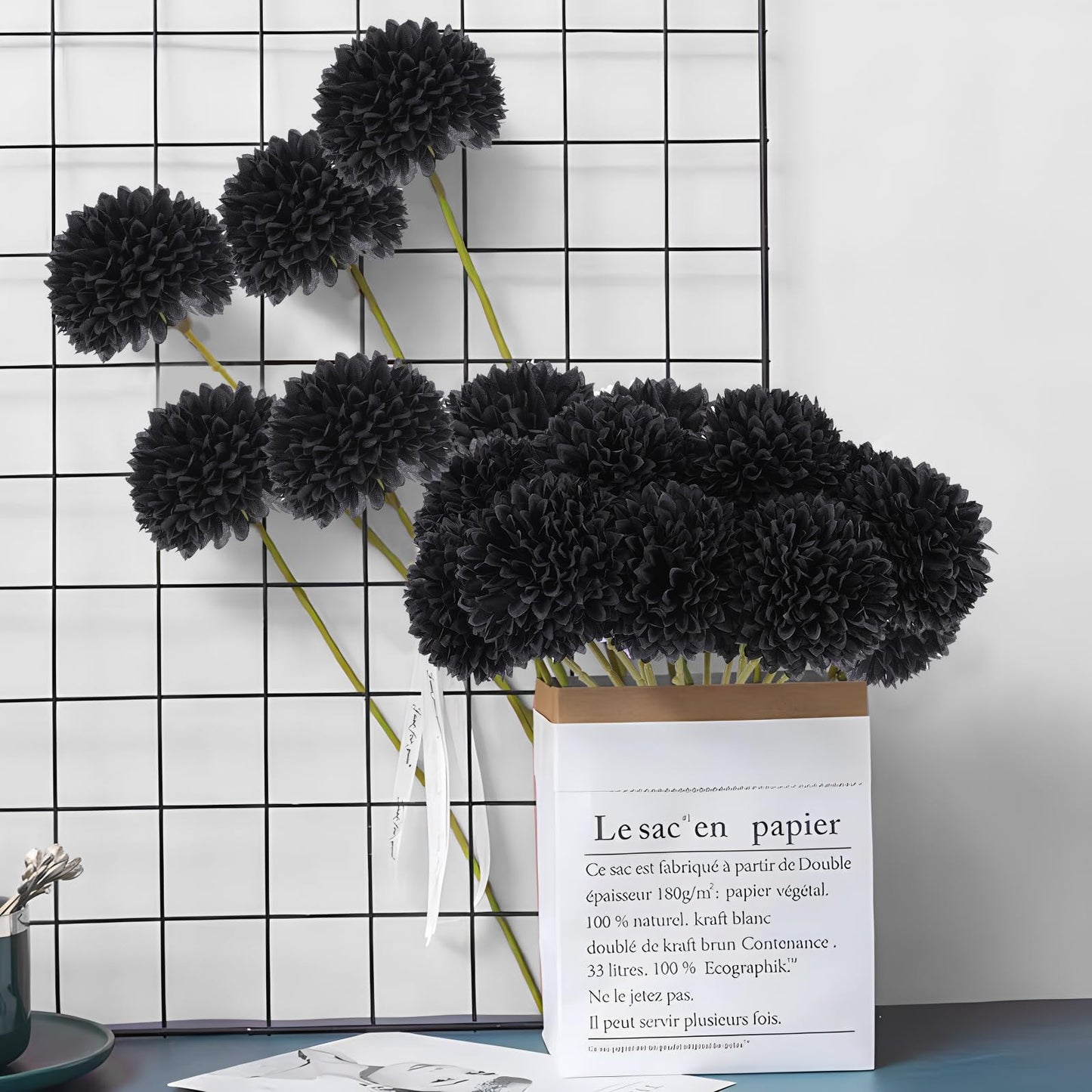 Rowfad 12 Pcs Black Artificial Chrysanthemums Flowers Silk Fake Mums Flowers for Halloween Ghothic Wedding Table Centerpiece Christmas Home Decor (12, Black)
