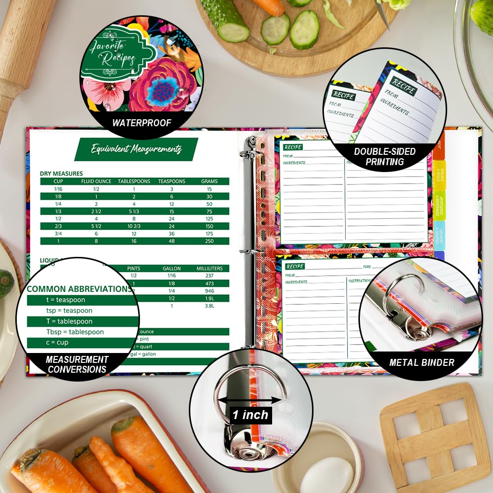 3 Ring Recipe Binder, 8.5x11 inch 3 Ring Recipe Binder Kit with 50 Plastic Sleeves Protectors, 100 Packs 5x7 inch Recipe Cards & 8 Category Divider Tabs, Organizer Set Blooming Flowers Design