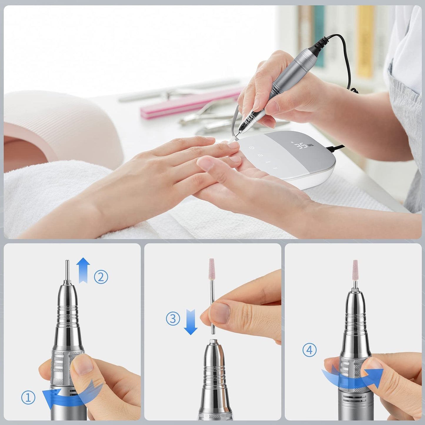 Madenia Professional Nail Drill Machine for Acrylic Nails, 35000RPM Compact Cute Electric Nail Drills with Touch Screen Efile Nail Drill E File Kit for Salon Home Manicure Pedicure Use, Gray