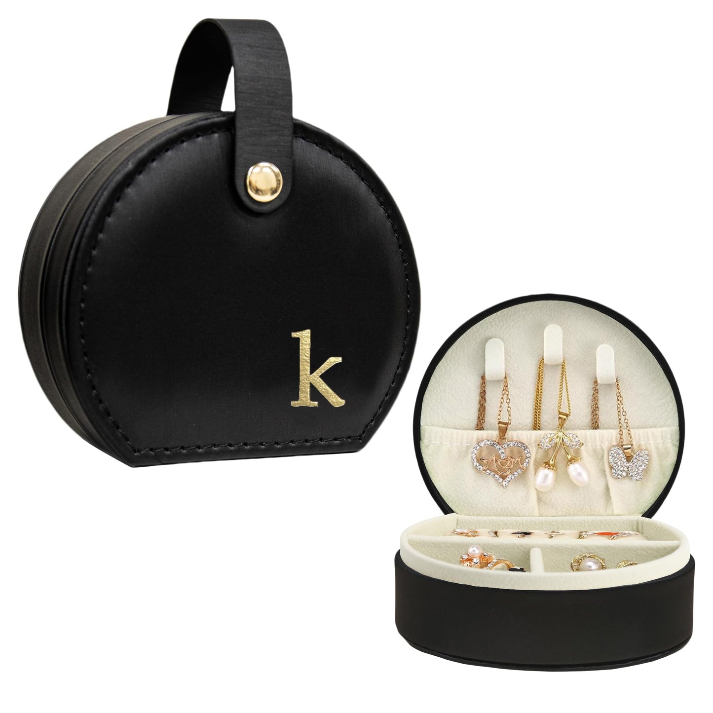 COLLECTIVE HOME - Travel Jewelry Case, Elegant Half-Moon Design with Gold Monogram, Detachable Handle, Personalized Accessory Organizer, Gift for Fashion-Forward Women and Teens, Black (k)