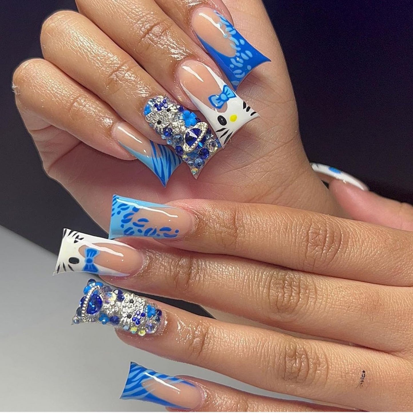 IMSOHOT Blue Press on Nails Gel Duck Fake Nails Handmade Y2K French False Nails Tips with Kitten Diamonds Designs Glossy Duckbill Nails for Women and Girls