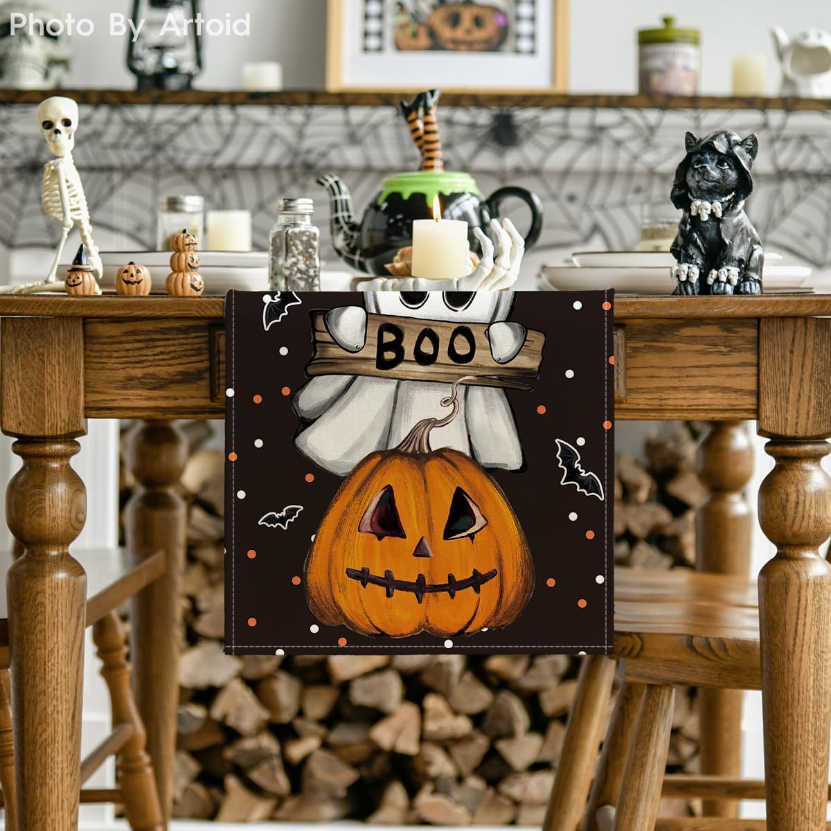 Artoid Mode Polka Dot Ghost Pumpkin Cat Boo Halloween Table Runner, Bat Seasonal Fall Kitchen Dining Table Decoration for Home Party Decor 13x48 Inch