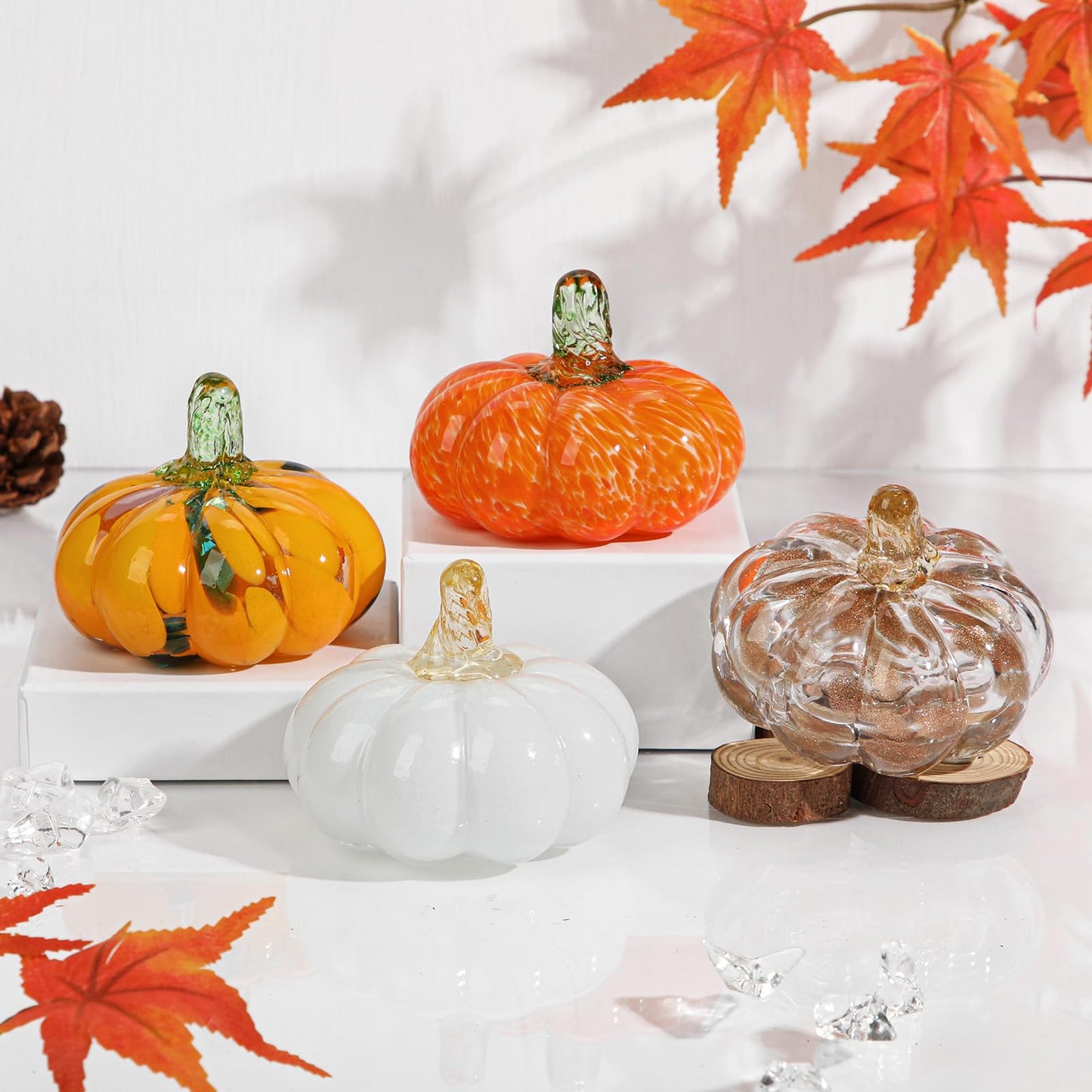 Glass Pumpkin Fall Decor Set – 4 PCS Handblown Pumpkins for Autumn Decorations, Halloween, Thanksgiving, Harvest Table Centerpiece, Mantel Fall Accents