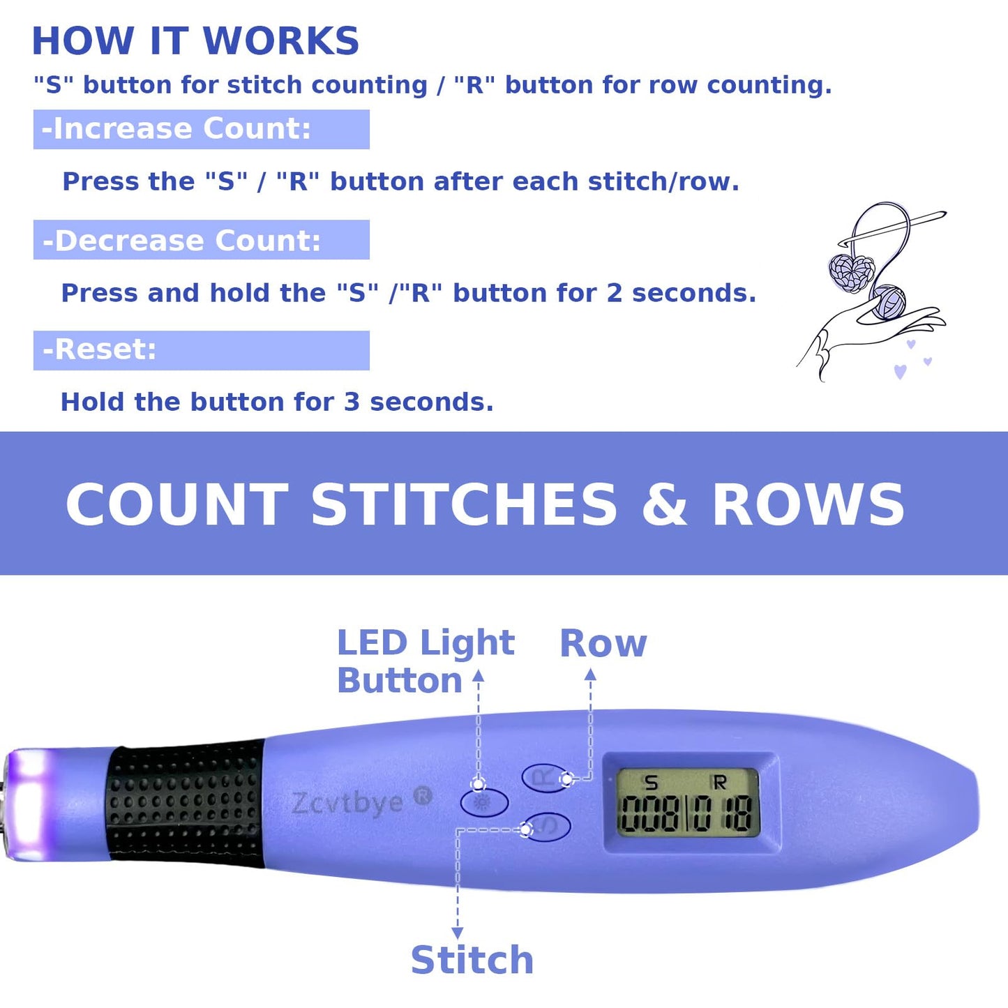 Zcvtbye 18 Size Counting Crochet Hook for Beginners, Lighted Led Digital Row Stitch Counter with Ergonomic Soft Handle, Interchangeable Metal Hook Heads, USB Rechargeable for Dark Yarn