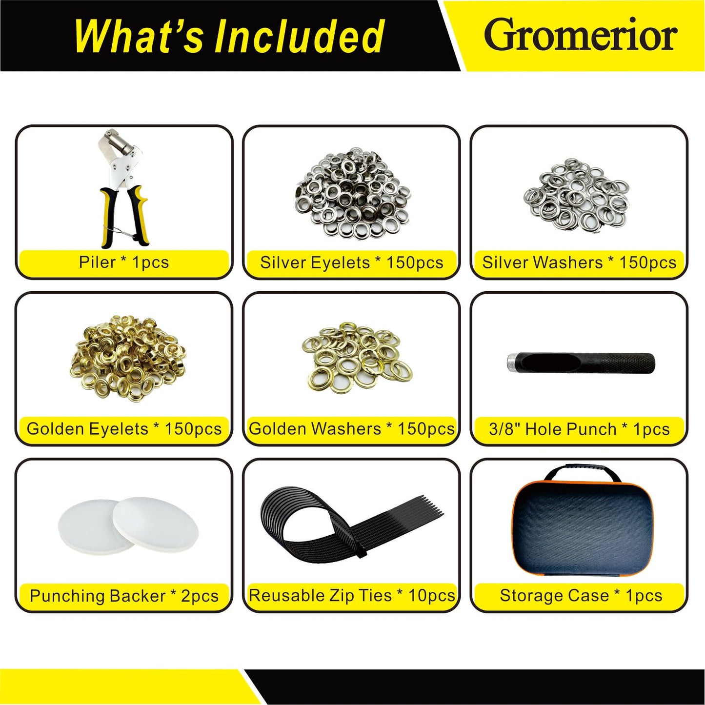 Gromerior Premium Grommet Tool Kit (3/8 inch 10mm) with Case & 300 Sets Grommets, Heavy-Duty Eyelet Press Plier & Hole Punch Included, Grommet Maker for Fabric/Leather/Tarps/Canvas/Banners