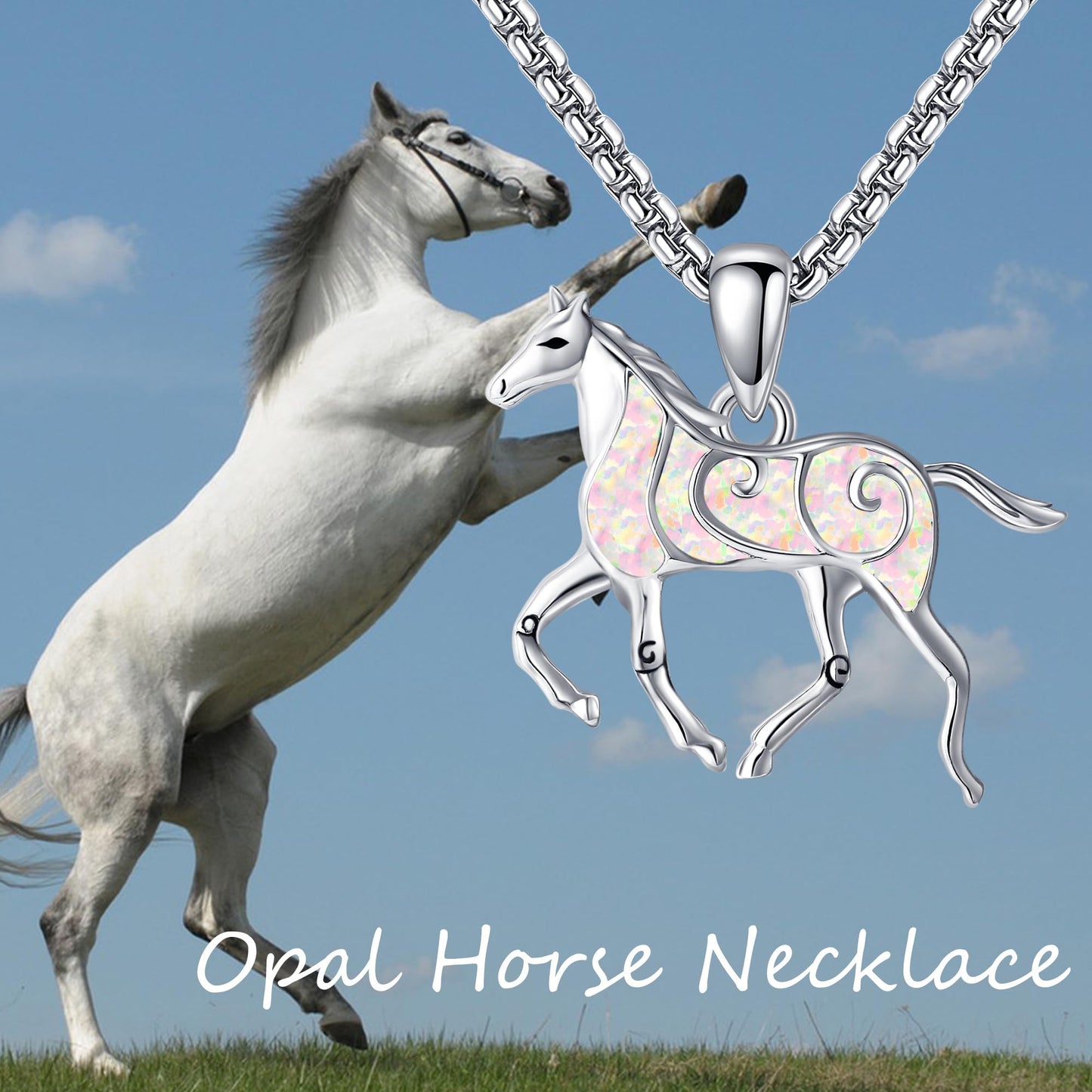 HKPATOP Horse Necklace for Women 925 Sterling Silver Horse Pendant with Opal Animal Jewelry for Animal Lover