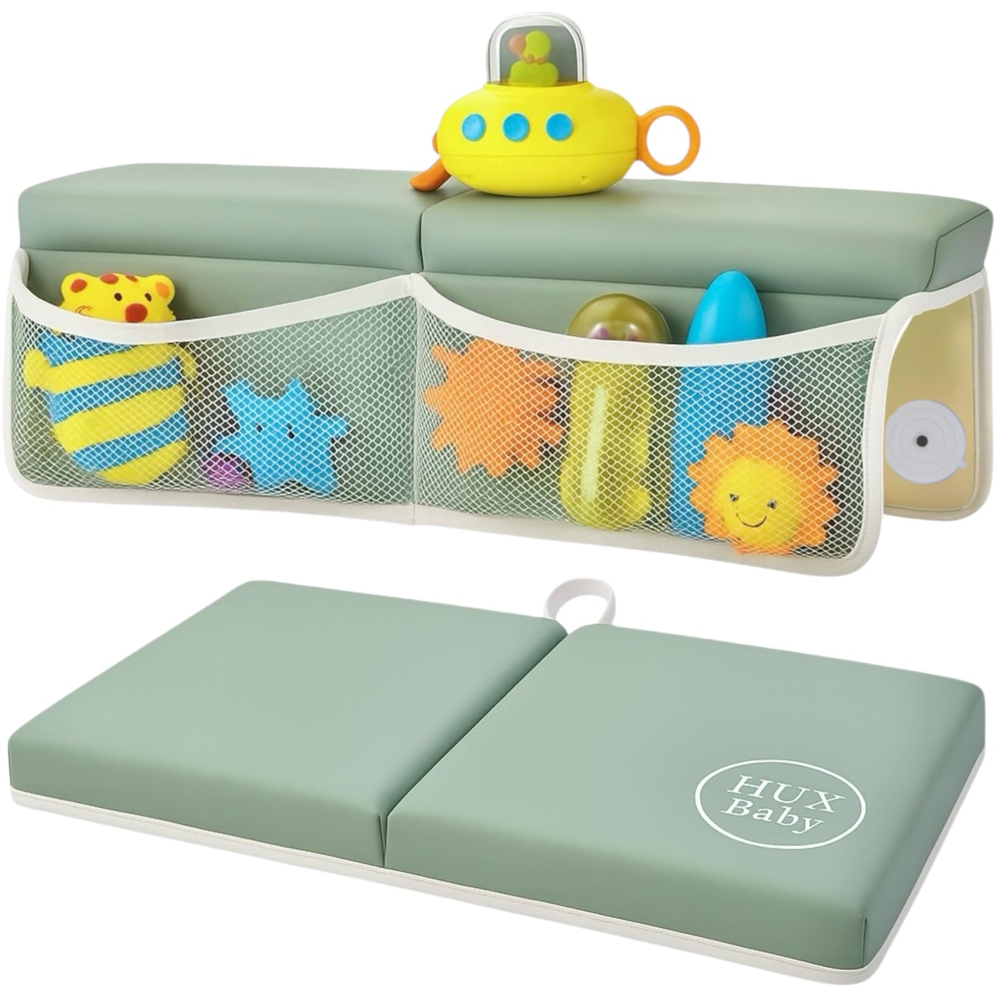 Comfortable Baby Bath Kneeler and Elbow Rest Pad Set, Non-Slip Bathtub Kneeling Pad for Bathing Baby, Bath Tub Cushion Mat, Elbow Pads, Toy Organizer Storage Pockets, Strong Suction Cups (Green Gray)