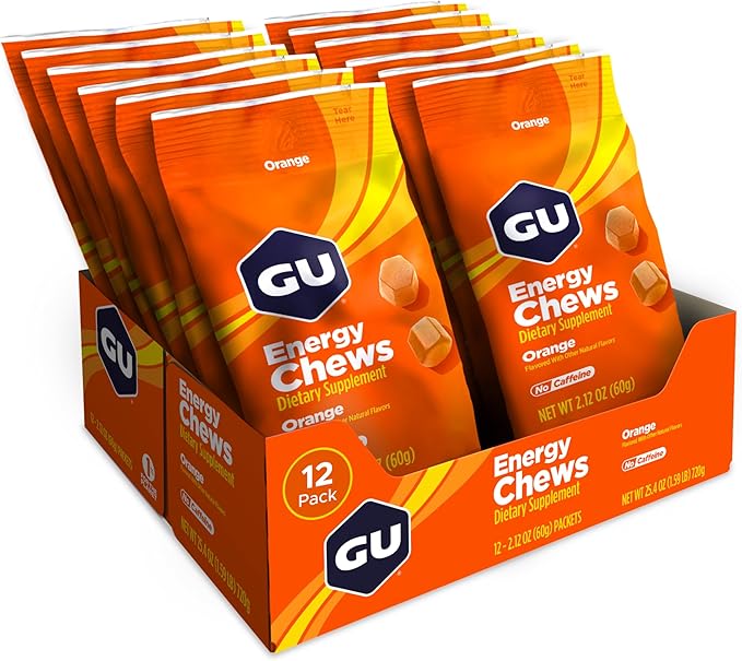 GU Energy Chews, Orange Energy Gummies with Electrolytes, Vegan, Gluten-Free, Kosher, Caffeine-Free, and Dairy-Free On-The-Go Energy for Any Workout, 12 Bags (24 Servings Total)