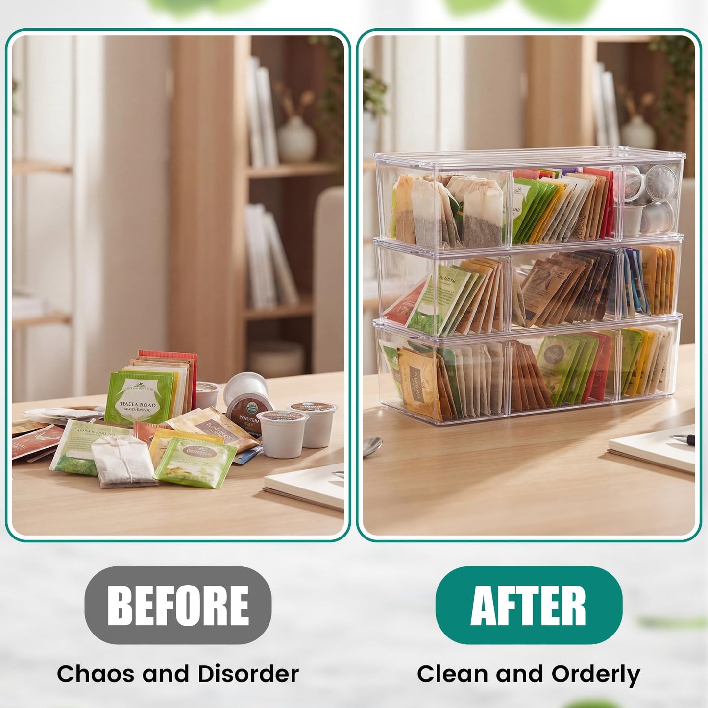 Hoteam 3 Pack Tea Bag Organizer with Lids,Clear Stackable Plastic Tea Bag Storage Organizer for Cabinet Counter Countertop Pantry, Sweeteners (Flip Top,3 Grids)