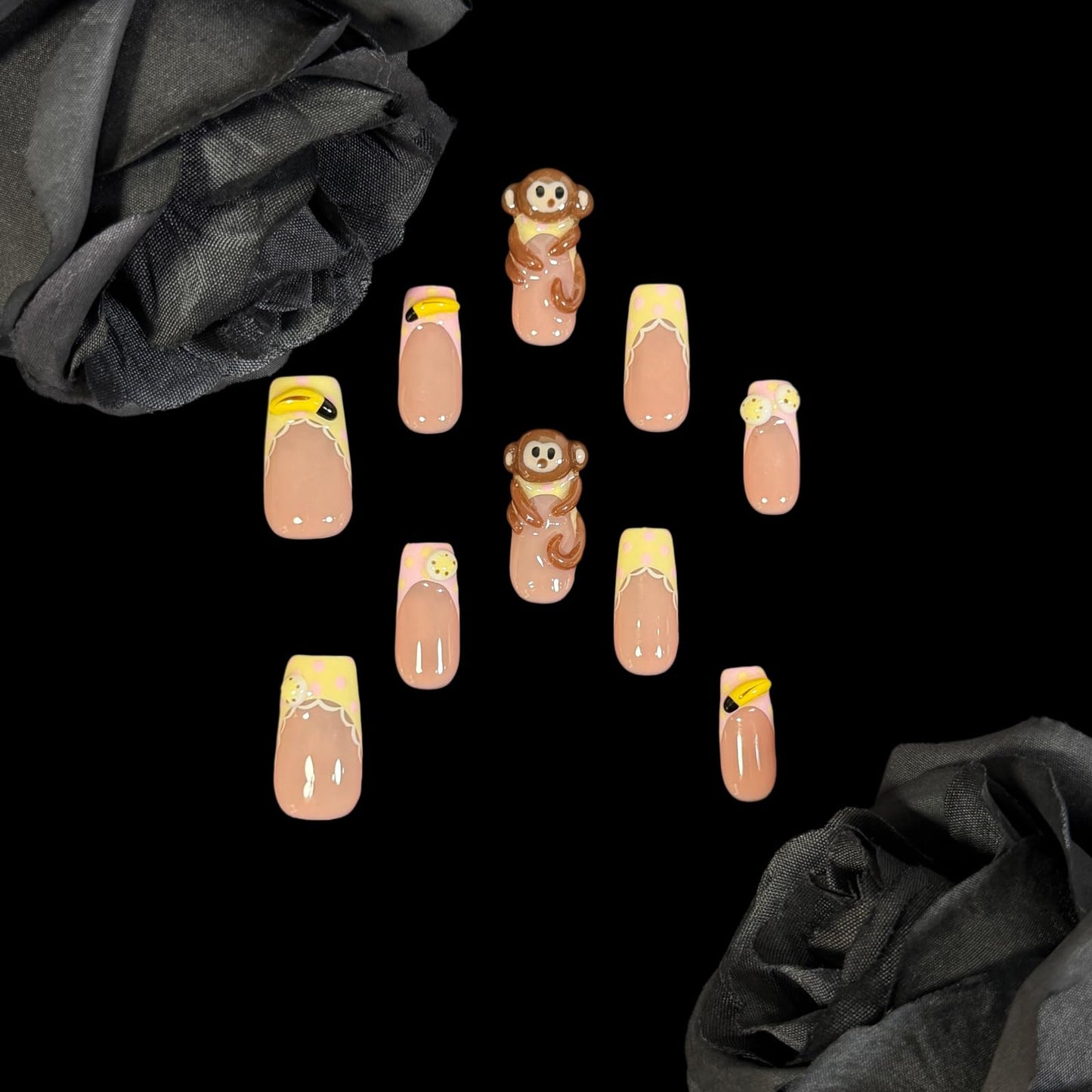 Handmade Press On Nails Cute Monkey 3D Cartoon Banana Lace Trim Medium/Short Square Acrylic False Nails Kawaii Polka Dot (L)