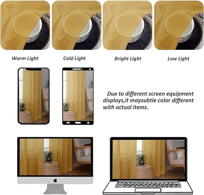 Chyhomenyc Sheer Valances for Windows 2 Pack, Small Window Curtains for Living Room Bathroom, Modern Top Dual Rod Pocket Voile Basement Curtains, 42W x 14L inches, Gold