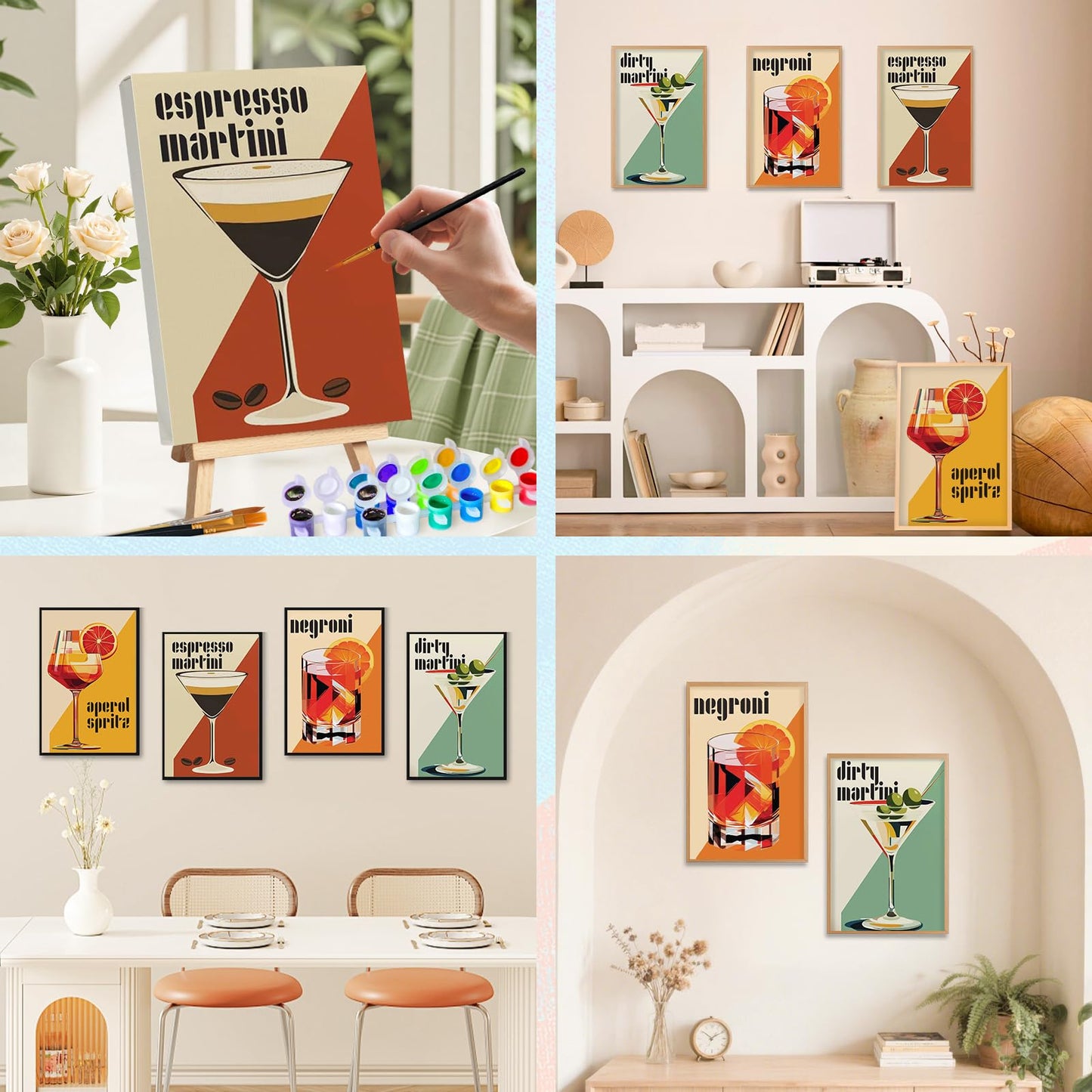 4 Pack Framed Paint by Numbers Kit for Adults with Wooden Easel, Cocktail Paint by Numbers with Frame for Beginner, Retro Cocktail Adult Paints by Number Kits on Canvas Framed for Wall Decor 8 x 12 In