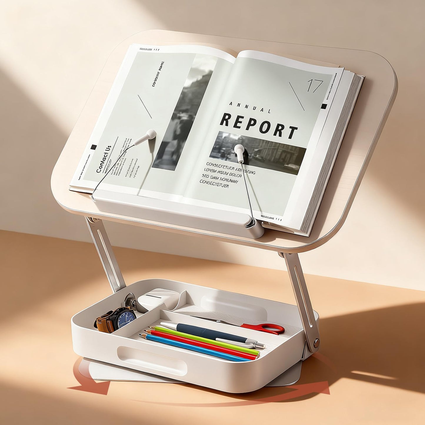 Book Stand for Reading Hands Free, 360° Rotating & Foldable Book Holder Stand for Desk with Storage Box, Carbon Steel Cookbook Recipe Book Holder for Kitchen, Office, Bible Study (White)