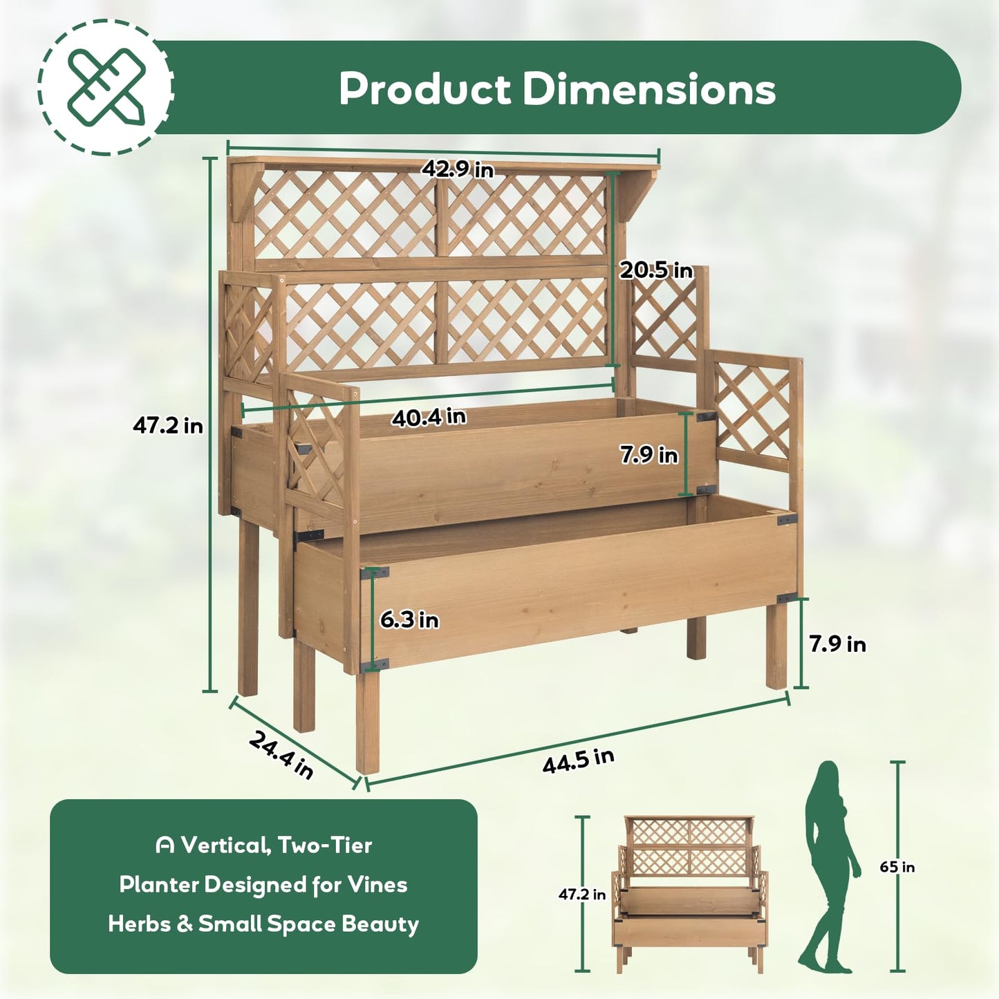 Raised Garden Bed with Trellis & Top Shelf, Outdoor Elevated Planter Box with 2 Planting Areas, Liner & Metal Corners for Climbing Plants, Vegetables, Herbs