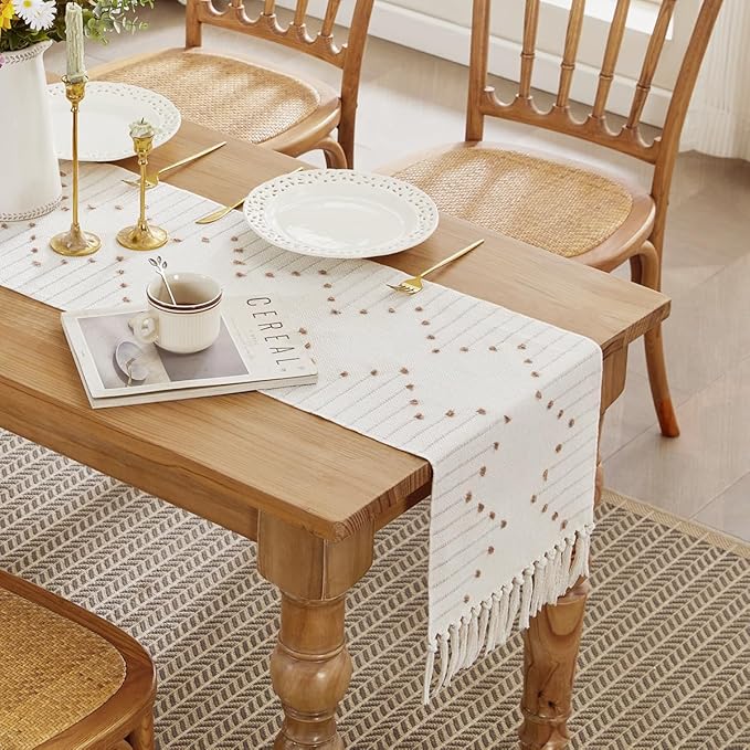 Wracra Boho Table Runner, Natural Cotton Woven Macrame Table Runners 36 Inches Long for Modern Farmhouse Woven Home Decor, 14x36 Inch, Taupe