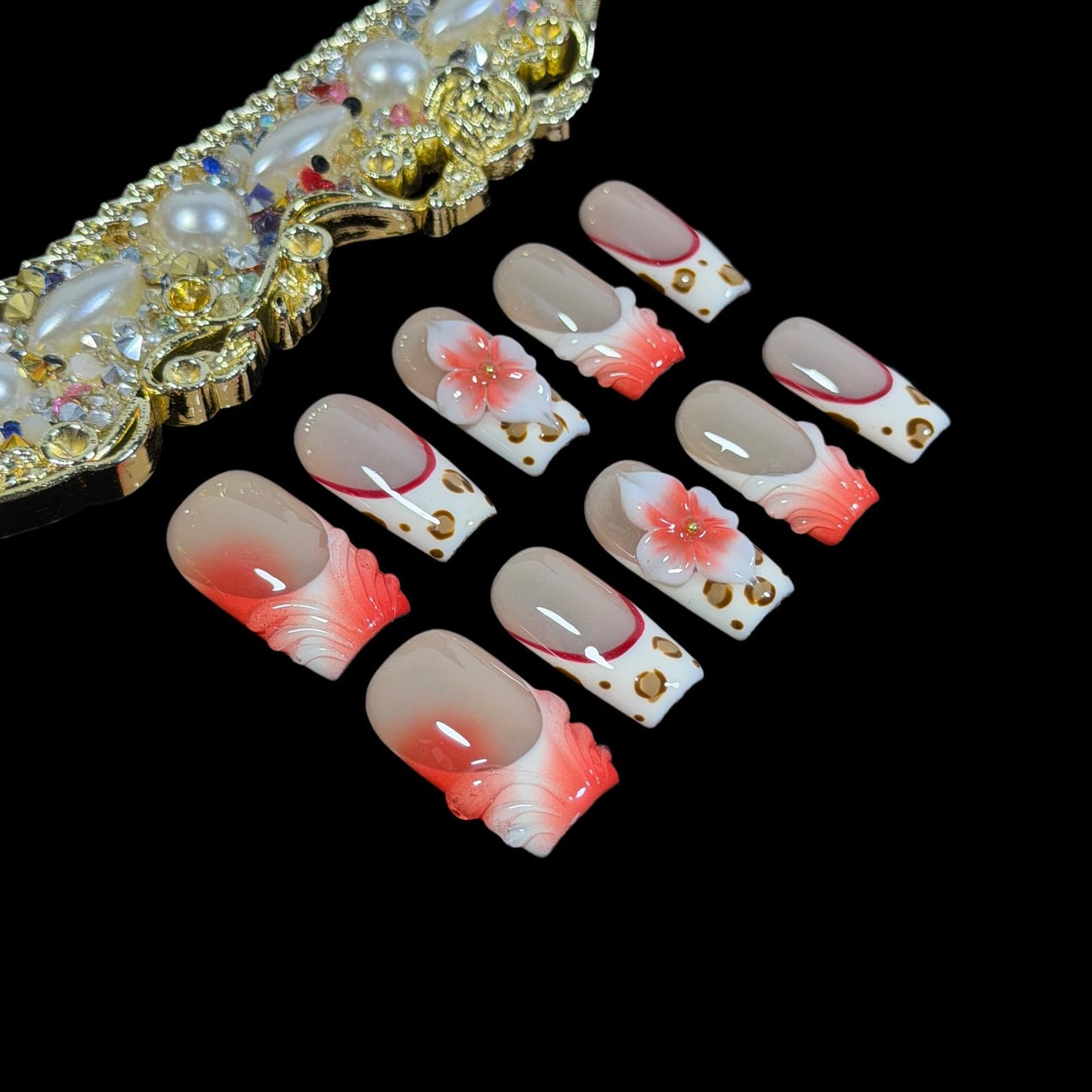 3D Handcrafted Press On Nails Medium/Short Square Length, Red French Tip Fake Nails with Leopard Print & Flower Design, Reusable Acrylic False Nails Crimbon Bloom (M)