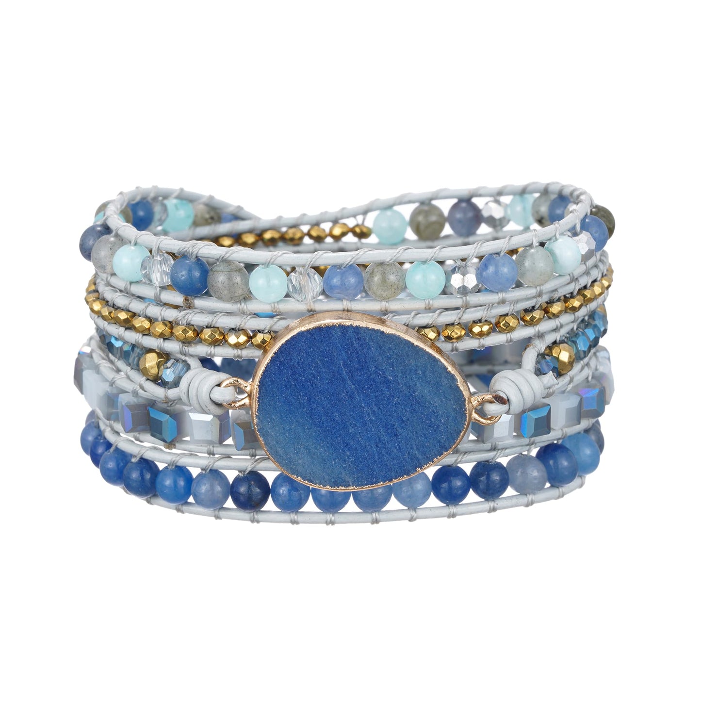 Plumiss Boho Handmade Stone Bracelet for Women Unique Healing Blue Aventurine Jasper Beaded Leather 5X Wrap Bracelets Jewelry for Women