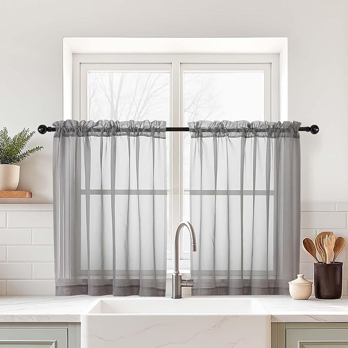 Grey Sheer Curtains Tier 30 Inches Length 2 Panels, Light Filtering Lightweight Soft Window Drapes, Cute Elegant Cafe Curtains for Nursery, Dual Rod Pocket, Charcoal Grey, 2x42Wx30L Inches