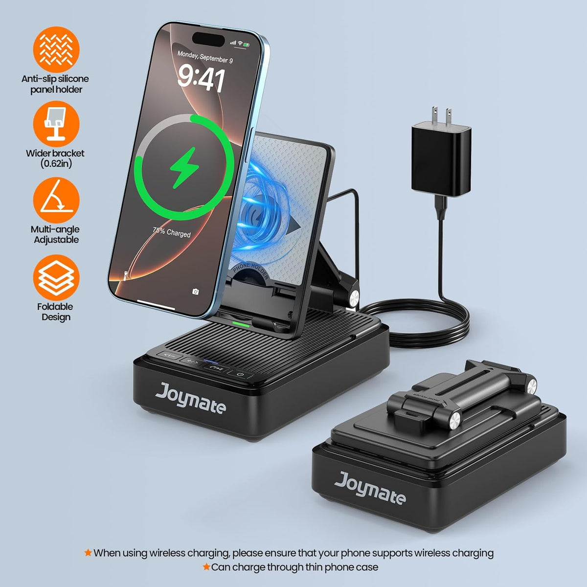 Gifts for Men and Women, Wireless Phone Charger Stand with Bluetooth Speaker and Adjustable Angle Phone Holder for Desk Tech Gift for Birthday/Anniversary (Black)