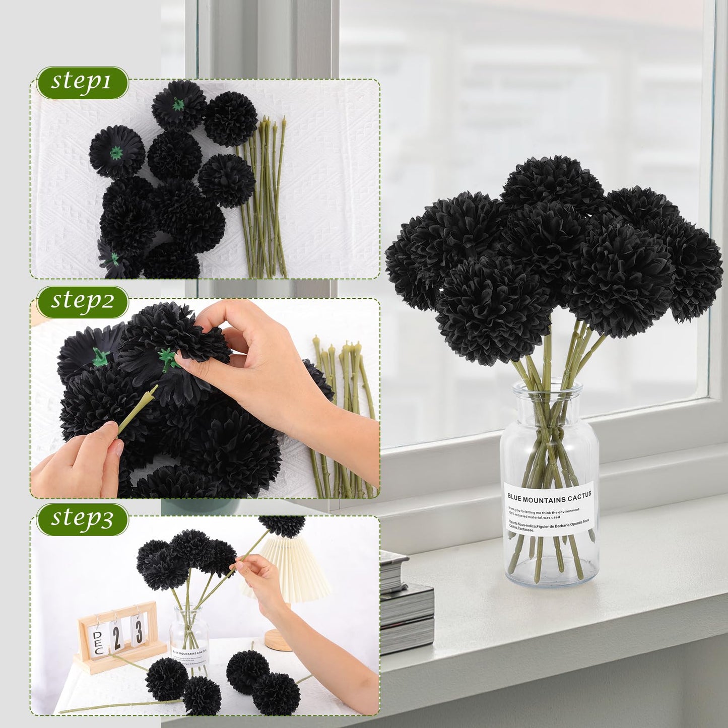Rowfad 12 Pcs Black Artificial Chrysanthemums Flowers Silk Fake Mums Flowers for Halloween Ghothic Wedding Table Centerpiece Christmas Home Decor (12, Black)