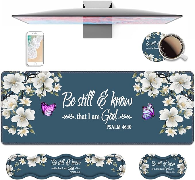 4 in 1 Ergonomic Keyboard Wrist Rest & Mouse Pad Wrist Rest Set,Large XXL Gaming Desk Mat 31.5"x 11.8" with Non-Slip Base,Memory Foam for Home Office Study Gaming,Floral Quote Bible Verse Psalm 46:10
