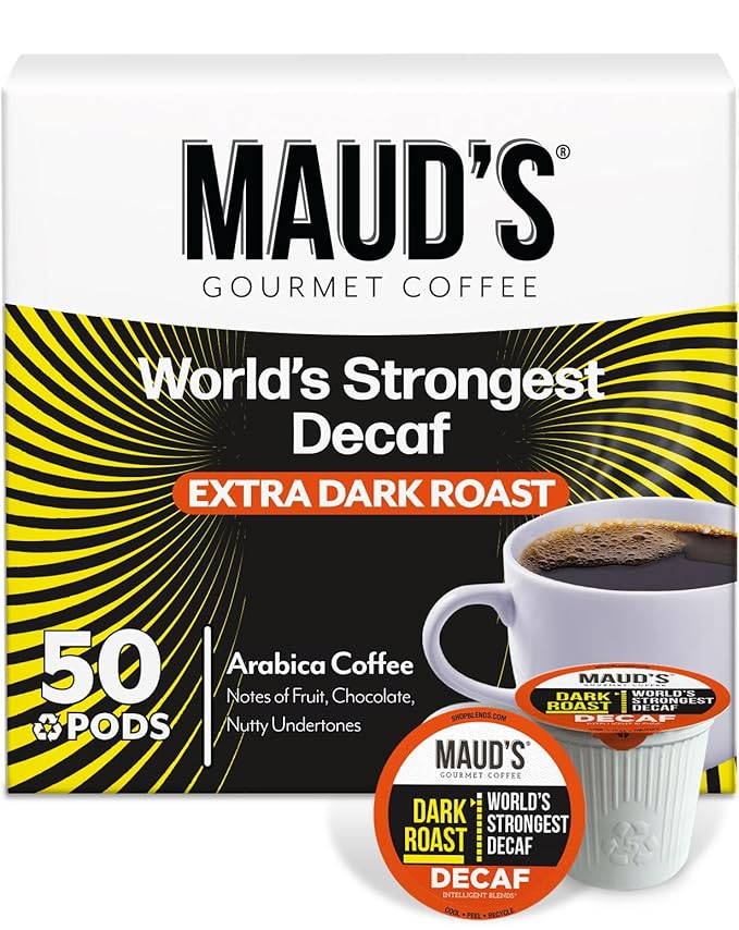 Maud's World's Strongest Decaf Coffee Pods, 50ct, Decaffeinated Dark Roast Coffee in Recyclable Single Serve Pods – 100% Arabica Coffee, Compatible with Keurig K Cups Maker