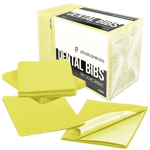PlastCare USA Disposable Dental Bibs 13"x18" - 3 Ply Waterproof Tattoo Bib Sheet for Patients - Dentist or Medical Tray Cover and Nail Table Cover Supplies, Yellow