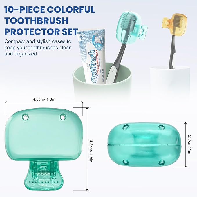Zoyiancy 10pcs Toothbrush Cover, Toothbrush Protector Case, Travel Tooth Brush Head Pod Case, Toothbrush Cap Plastic Clip for Household Bathroom School(10 Colors)