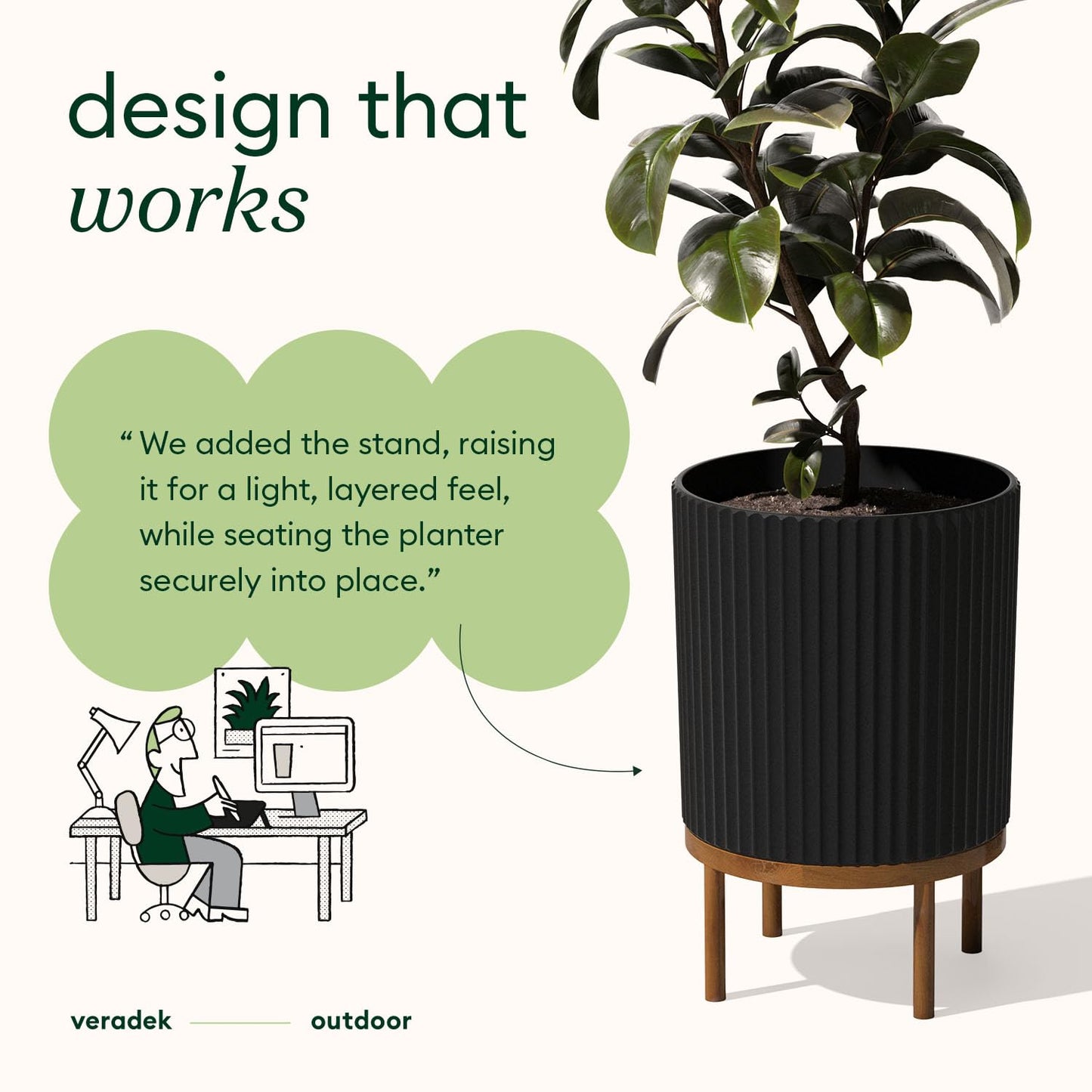 Veradek Demi Series Round Planter w/ Stand for Porch/Patio | Durable Plastic-Concrete & Wooden Stand | Modern Décor for Tall Plants, Flowers