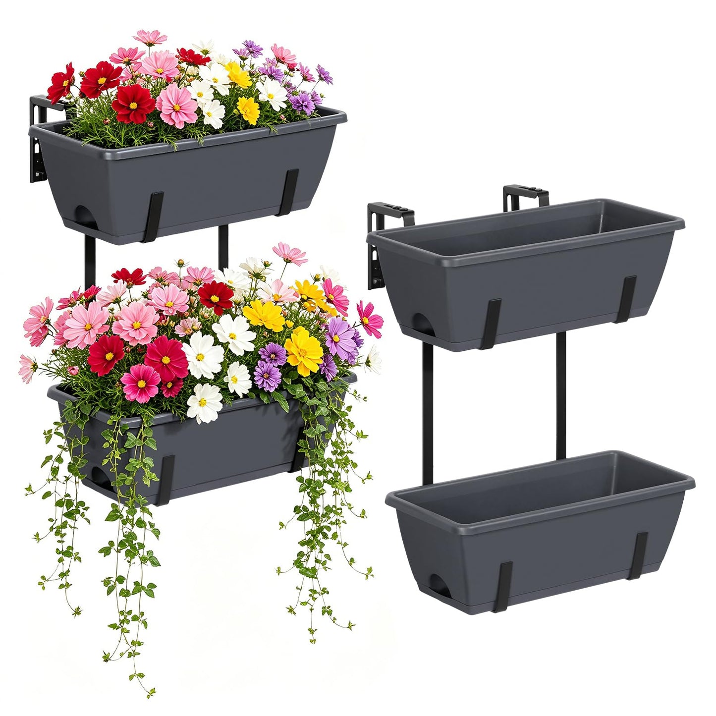 Deck Railing Planter Boxes 2 Tier Grey Window Boxes Planters Set of 2 with 4 Pack Rectangular Planter 16.9 Inch Outdoor Balcony Hanging Planters with Adjustable Brackets for Garden Porch Patio
