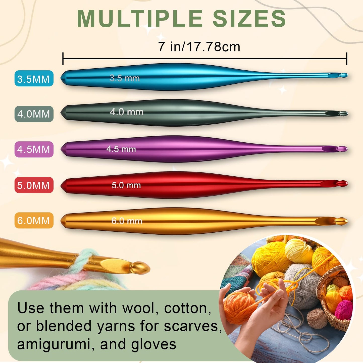 Rivvlive 5 Pcs Aluminum Crochet Hooks Set, 3.5mm-6.0mm Ergonomic Crochet Hooks with Non-Slip Hook for Arthritic Hands, Beginners, Crocheting Lovers, Ideal Crochets Gift for Mother Women DIY Craft