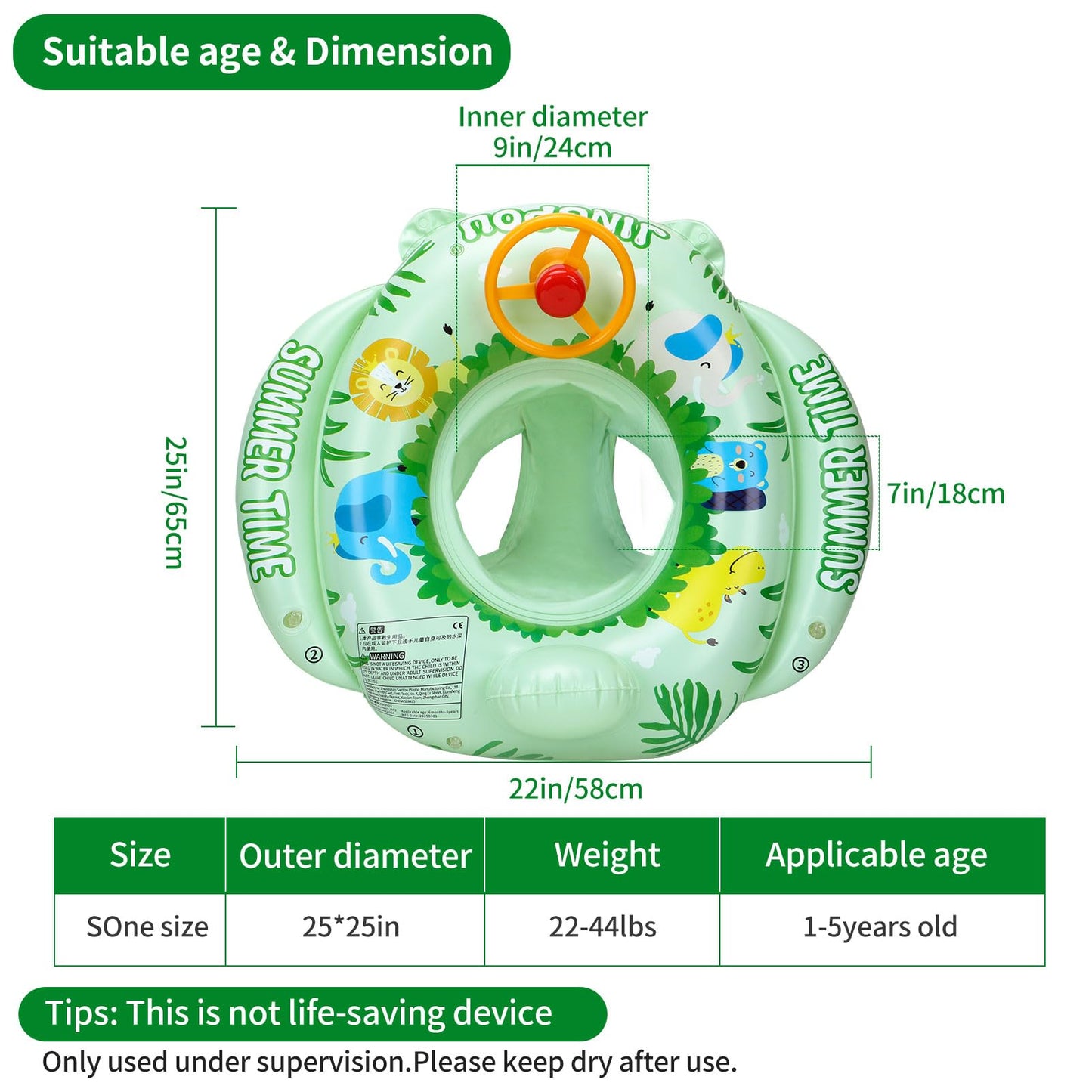 Inflatable Baby Swim Safe Seat Float Ring Toddler Pool Float with Seat Boat Inflatable Ride-on Swimming Pool Toys for Kids Outdoor(Green)