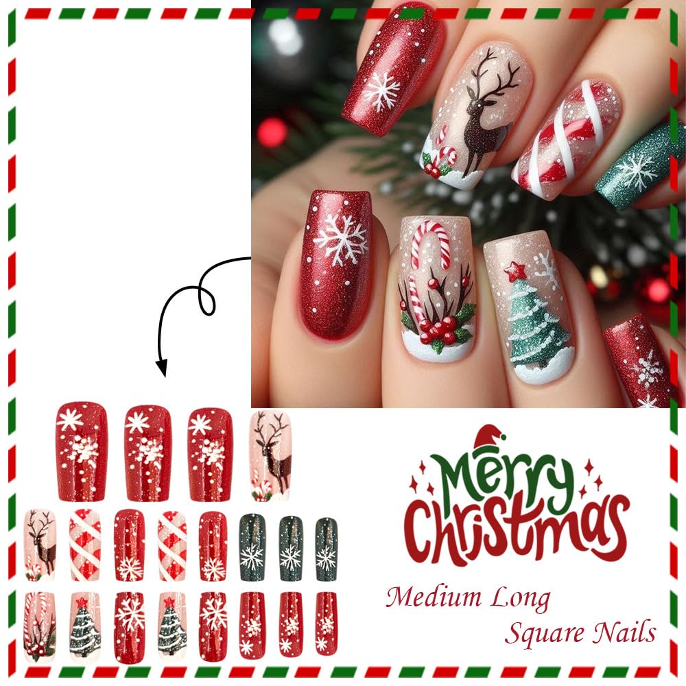 Christmas Press on Nails Medium Square Fake Nails with Red White Spider Designs Full Cover Holly Candy Winter Stick on Nail Xmas EIK Snowflake Glue on Nails Reusable Acrylic False Nail for Women