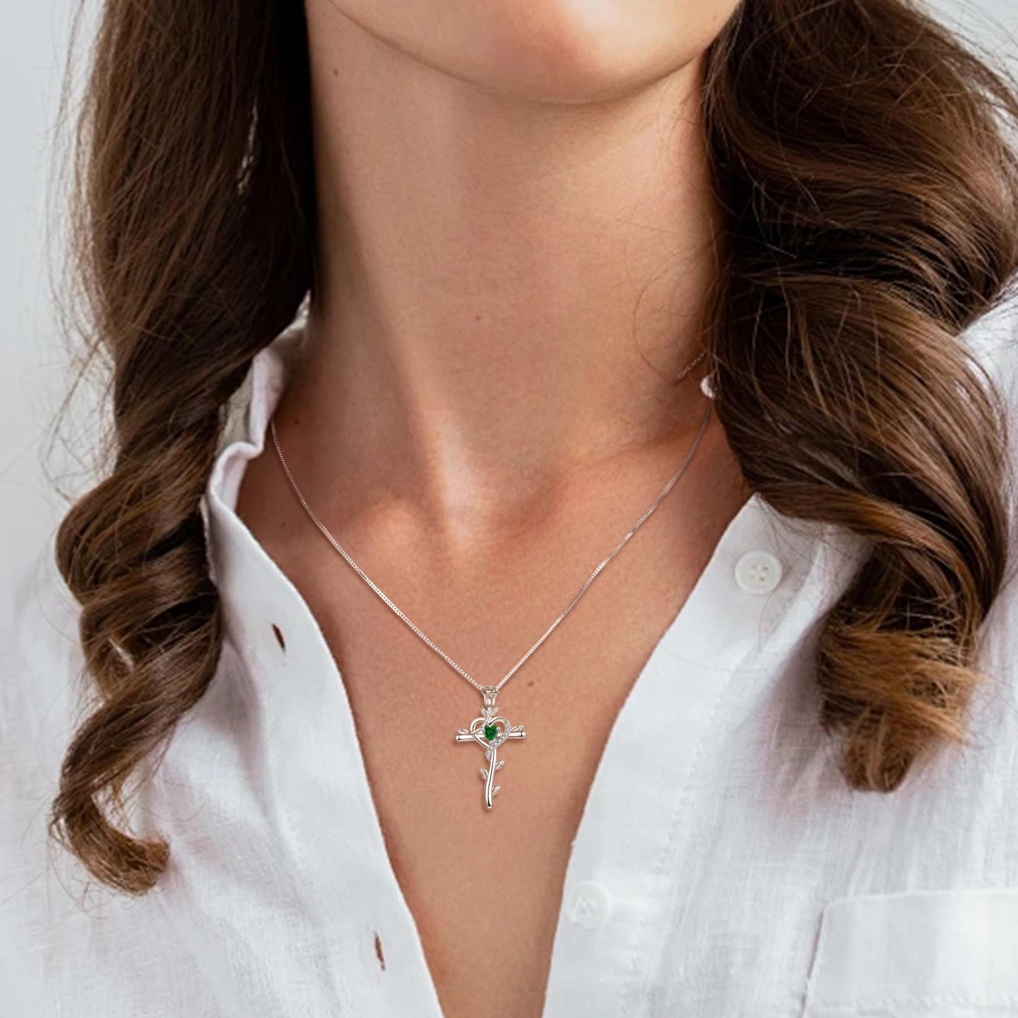 STARCHENIE Rose Cross Necklace 925 Sterling Silver Heart Crucifix Pendant Created Emerald Jewelry for Women