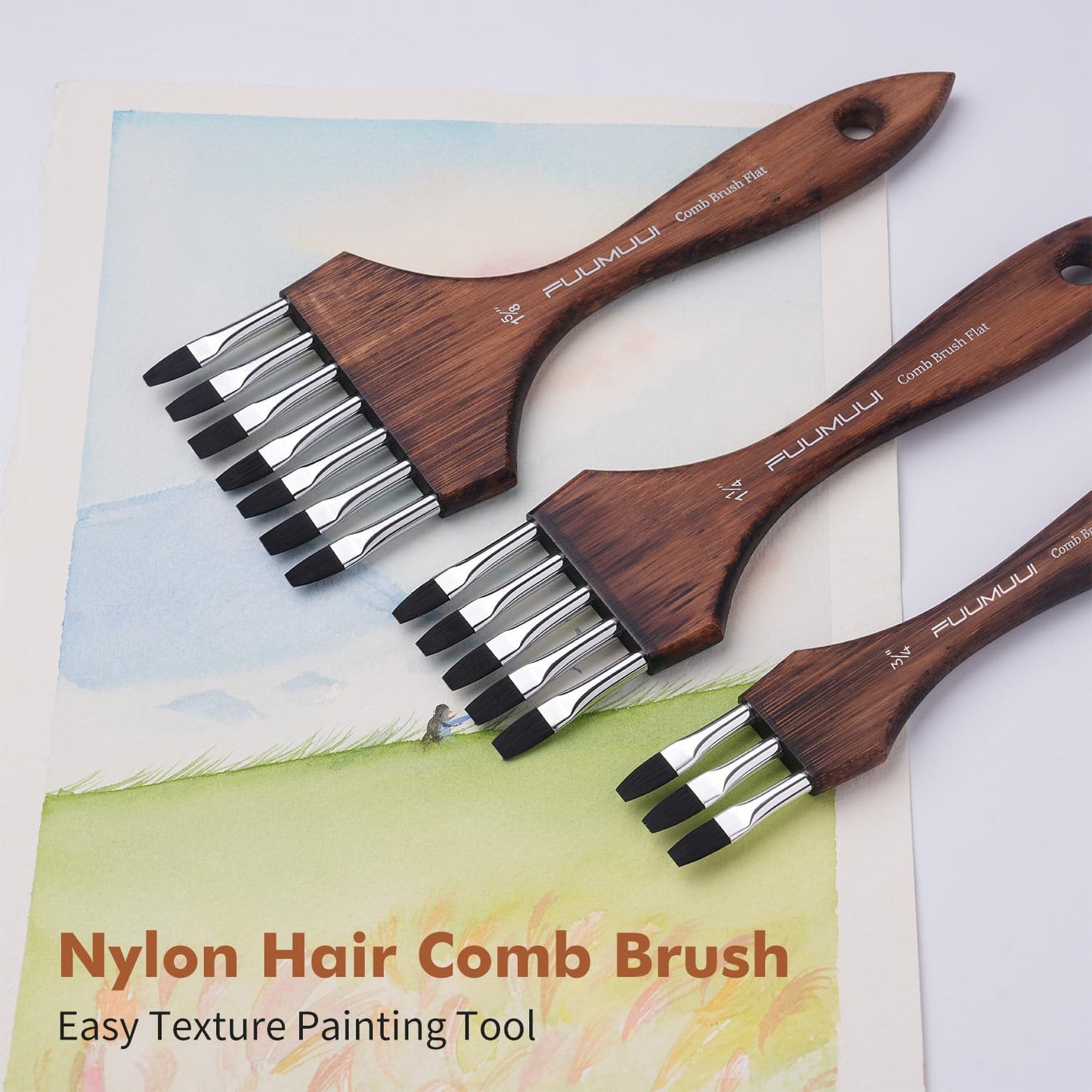 Fuumuui Grainer Brush Set - 3Pcs Professional Multi-Tooth Brushes, Flat Head Comb Brush Set Designed for Textures and Special Effects for Acrylic Painting, Oil & Watercolor, Short Handle